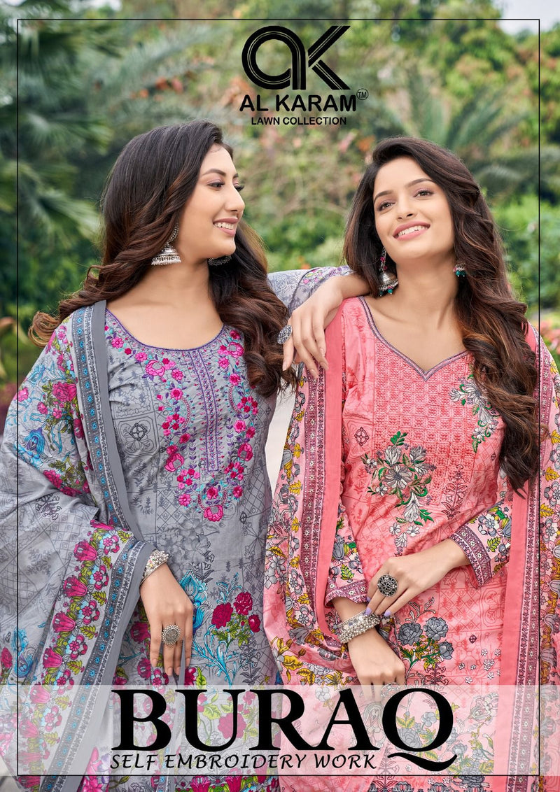 Al Karam Buraq Pure Cambric Cotton Neck Selef Embroidery Printed Fancy Designer Salwar Suit