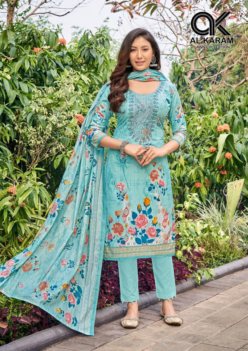 Al Karam Buraq Pure Cambric Cotton Neck Selef Embroidery Printed Fancy Designer Salwar Suit