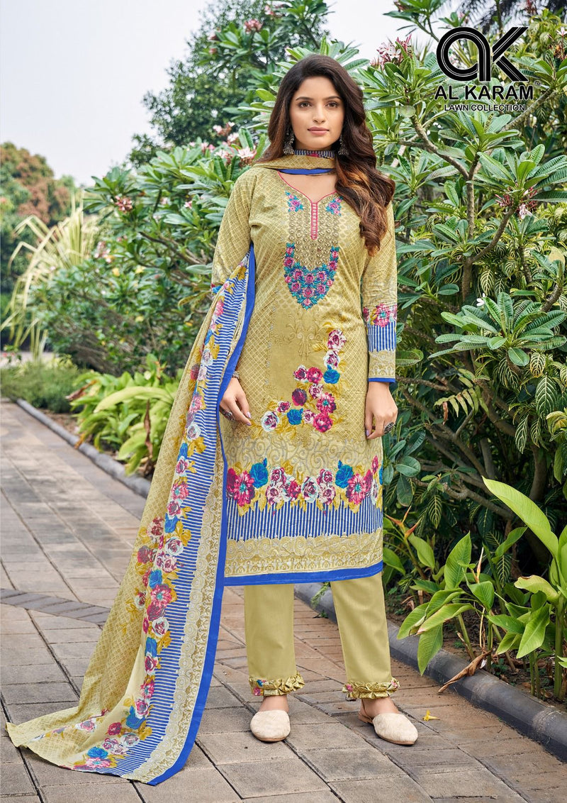 Al Karam Buraq Pure Cambric Cotton Neck Selef Embroidery Printed Fancy Designer Salwar Suit