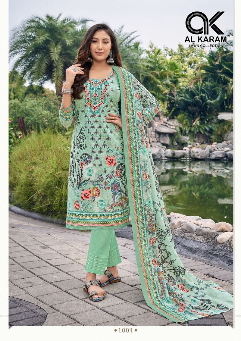 Al Karam Buraq Pure Cambric Cotton Neck Selef Embroidery Printed Fancy Designer Salwar Suit