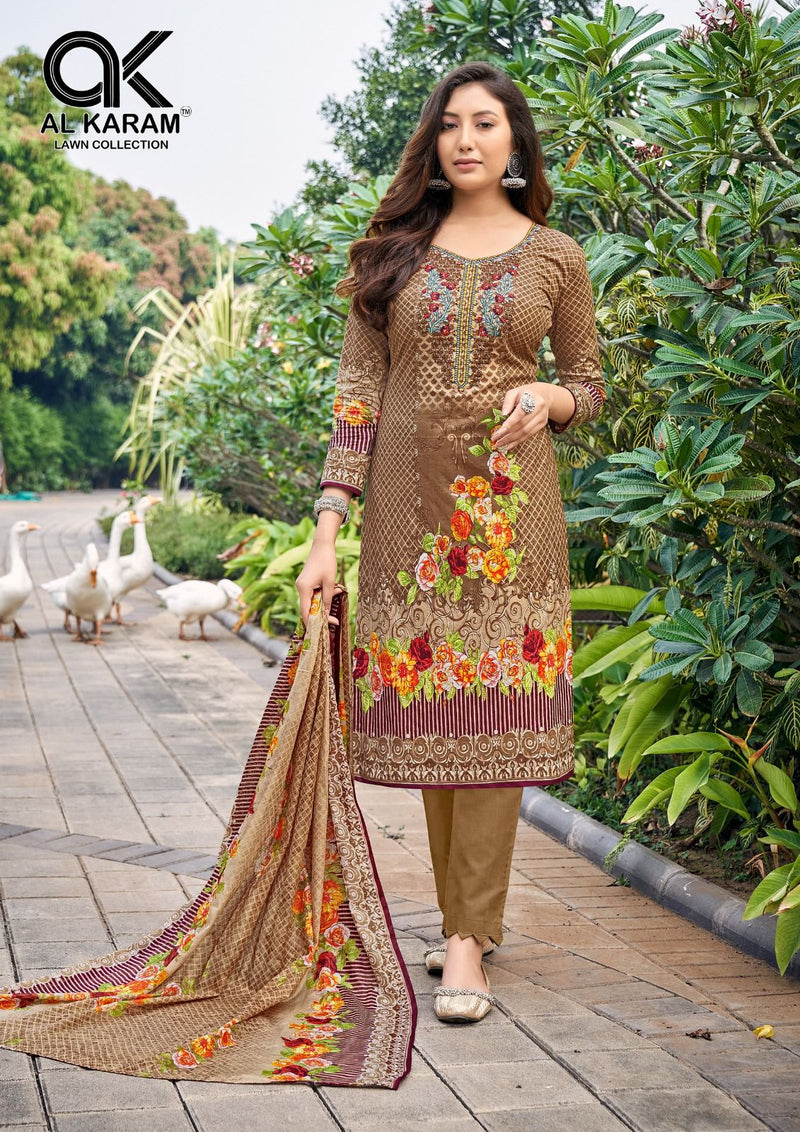 Al Karam Buraq Pure Cambric Cotton Neck Selef Embroidery Printed Fancy Designer Salwar Suit