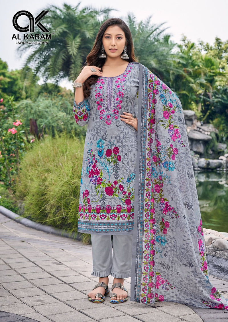 Al Karam Buraq Pure Cambric Cotton Neck Selef Embroidery Printed Fancy Designer Salwar Suit