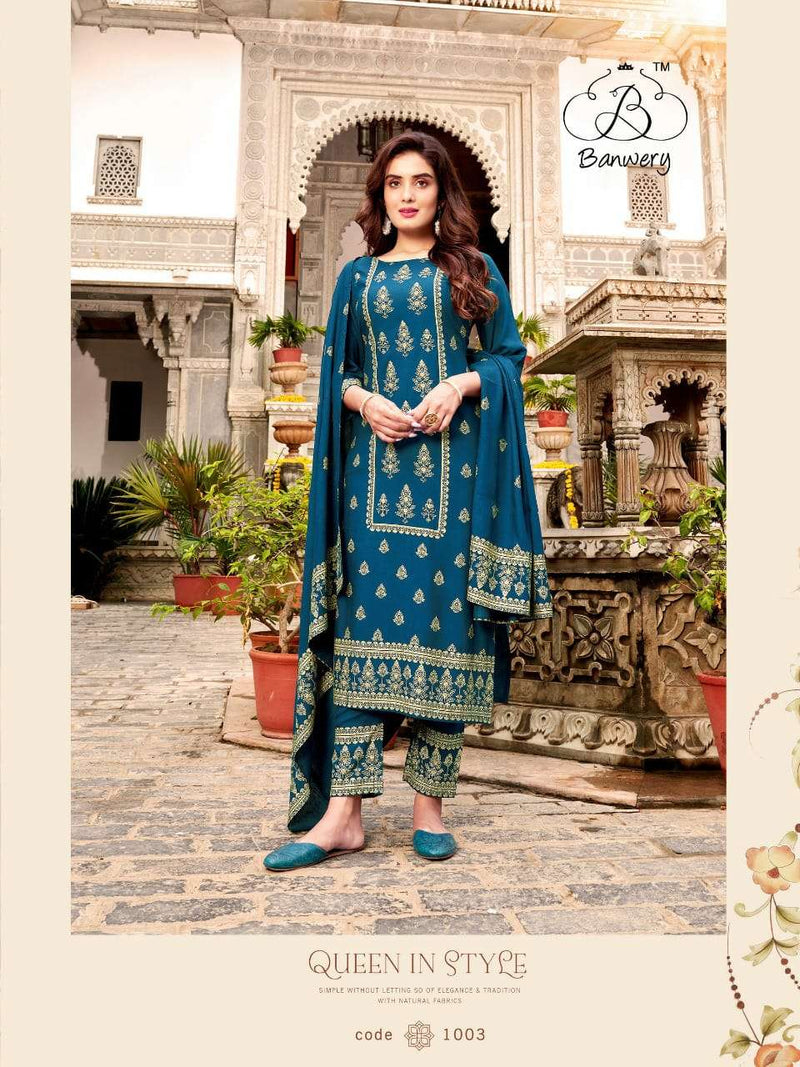 Banwery Launch By Parishi Rayon Foil Prined Exclusive Attractive Look Pakistani Salwar Kameez