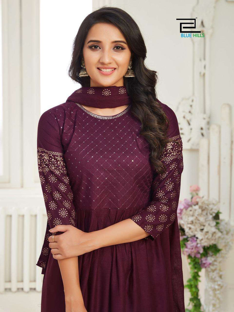 Blue Hills Launch By Dholna Vol 1 Rayon With Foil Printed Designer Long Gown Type Salwar Kameez