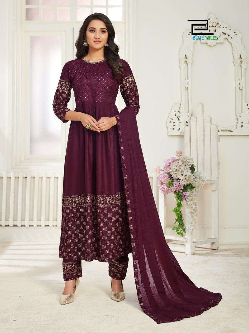 Blue Hills Launch By Dholna Vol 1 Rayon With Foil Printed Designer Long Gown Type Salwar Kameez