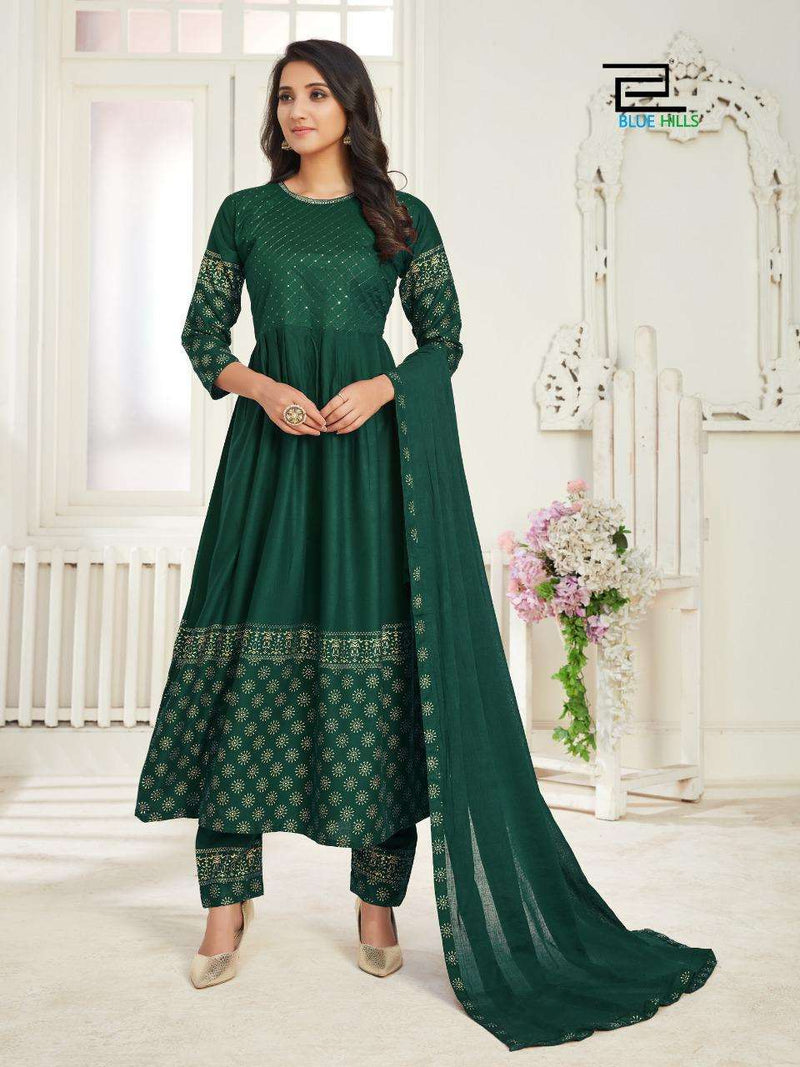 Blue Hills Launch By Dholna Vol 1 Rayon With Foil Printed Designer Long Gown Type Salwar Kameez