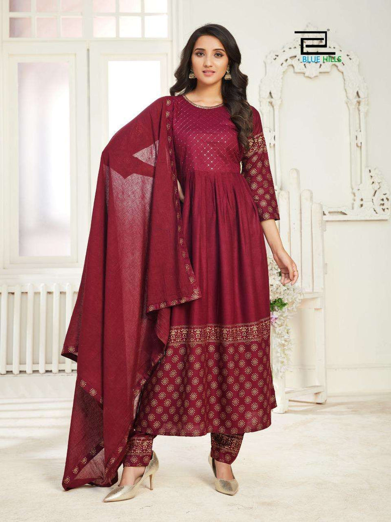 Blue Hills Launch By Dholna Vol 1 Rayon With Foil Printed Designer Long Gown Type Salwar Kameez