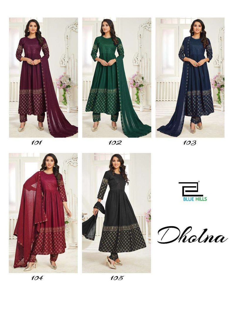 Blue Hills Launch By Dholna Vol 1 Rayon With Foil Printed Designer Long Gown Type Salwar Kameez