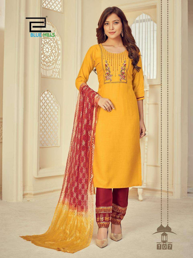 Blue Hills Launch By Skyline Vol 3 Rayon Slub With Embroidery Work Long Straight Exclusive Kurtis