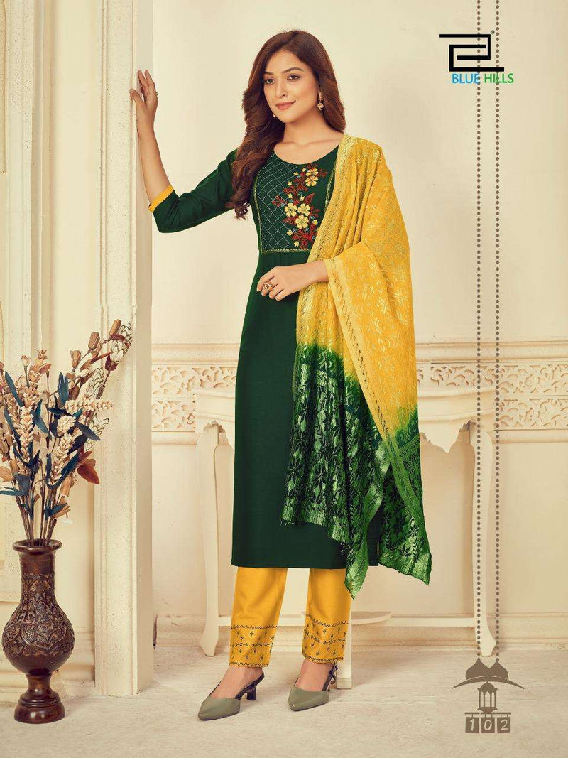 Blue Hills Launch By Skyline Vol 3 Rayon Slub With Embroidery Work Long Straight Exclusive Kurtis
