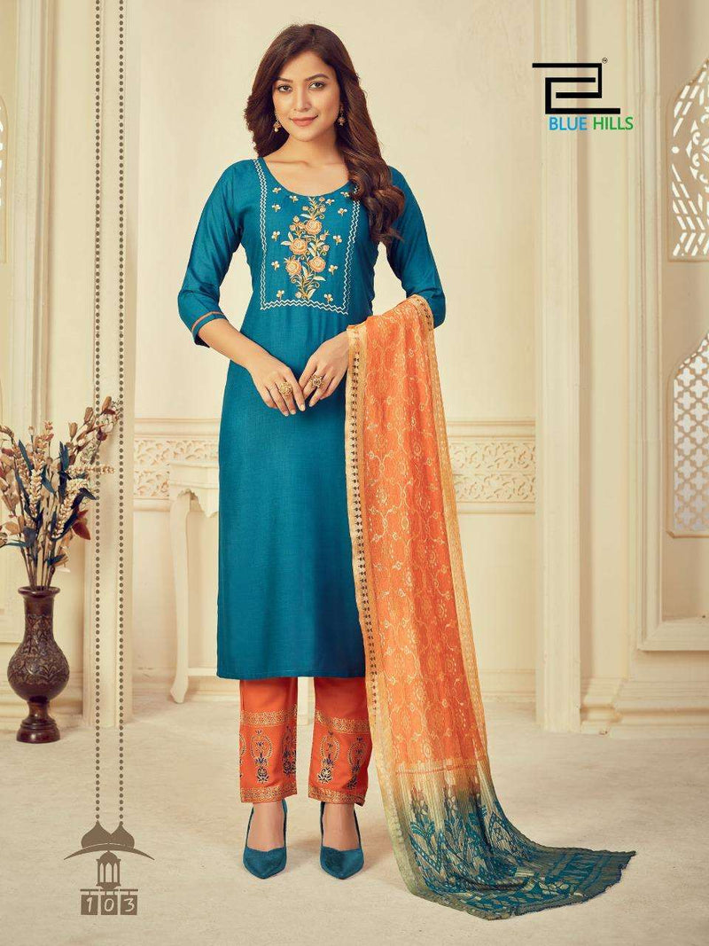Blue Hills Launch By Skyline Vol 3 Rayon Slub With Embroidery Work Long Straight Exclusive Kurtis
