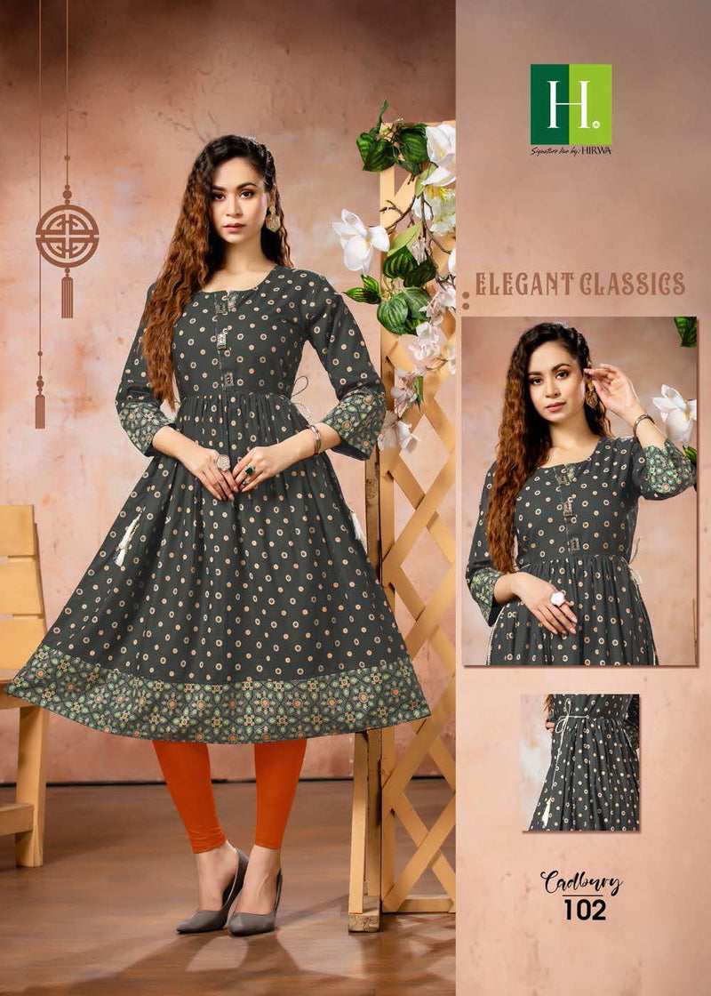 HIRWA H DOT CADBURY RAYON READYMADE GHERA WITH PLEATS STYLE KURTIS