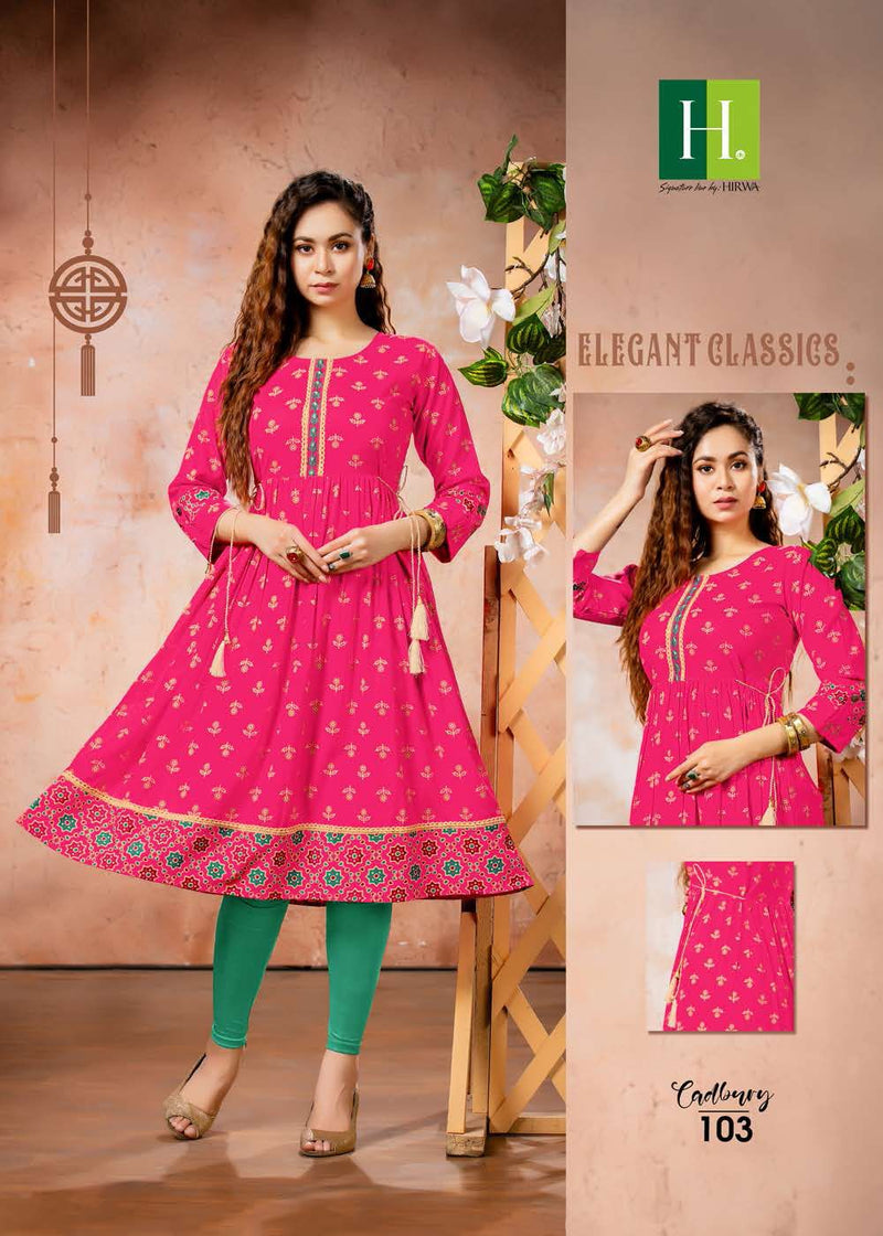 HIRWA H DOT CADBURY RAYON READYMADE GHERA WITH PLEATS STYLE KURTIS
