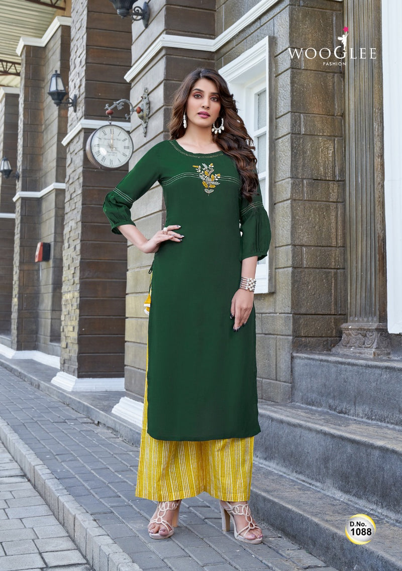 Wooglee Celebration Vol 14 Rayon Fancy Stylish Party Wear Kurtis With Bottom
