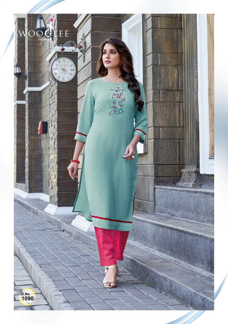 Wooglee Celebration Vol 14 Rayon Fancy Stylish Party Wear Kurtis With Bottom