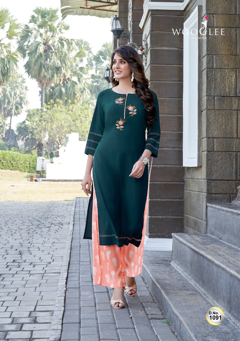 Wooglee Celebration Vol 14 Rayon Fancy Stylish Party Wear Kurtis With Bottom