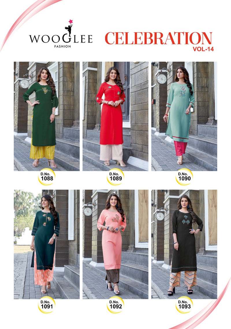 Wooglee Celebration Vol 14 Rayon Fancy Stylish Party Wear Kurtis With Bottom