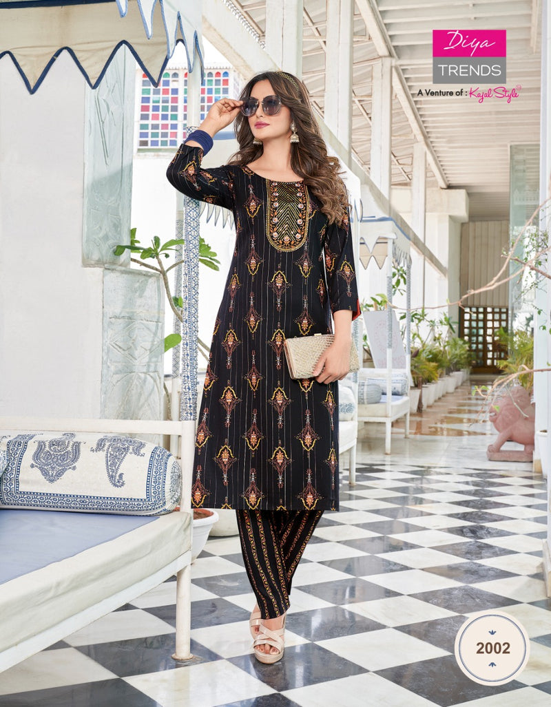 Diya Trends Celebration Vol 2 Rayon Festive Wear Kurtis & Pants With Gold Print