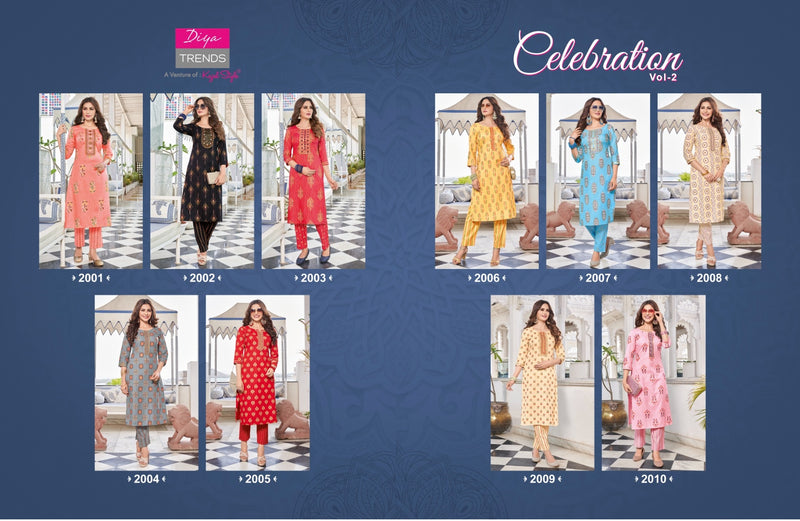Diya Trends Celebration Vol 2 Rayon Festive Wear Kurtis & Pants With Gold Print