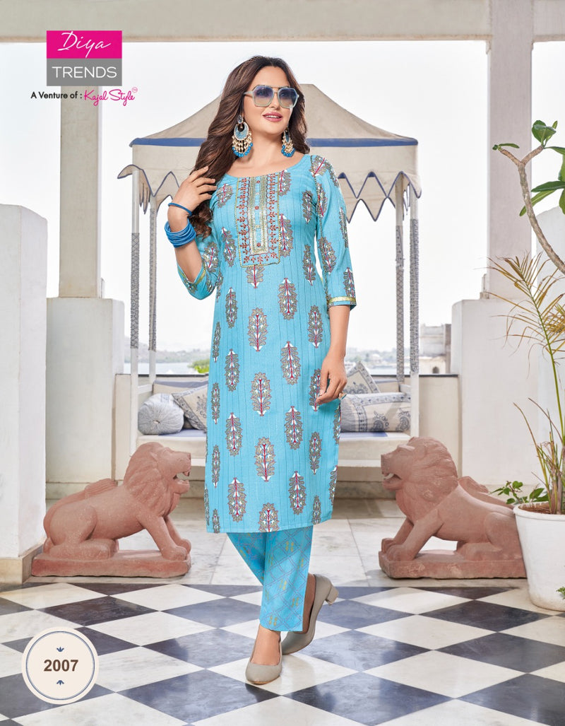 Diya Trends Celebration Vol 2 Rayon Festive Wear Kurtis & Pants With Gold Print