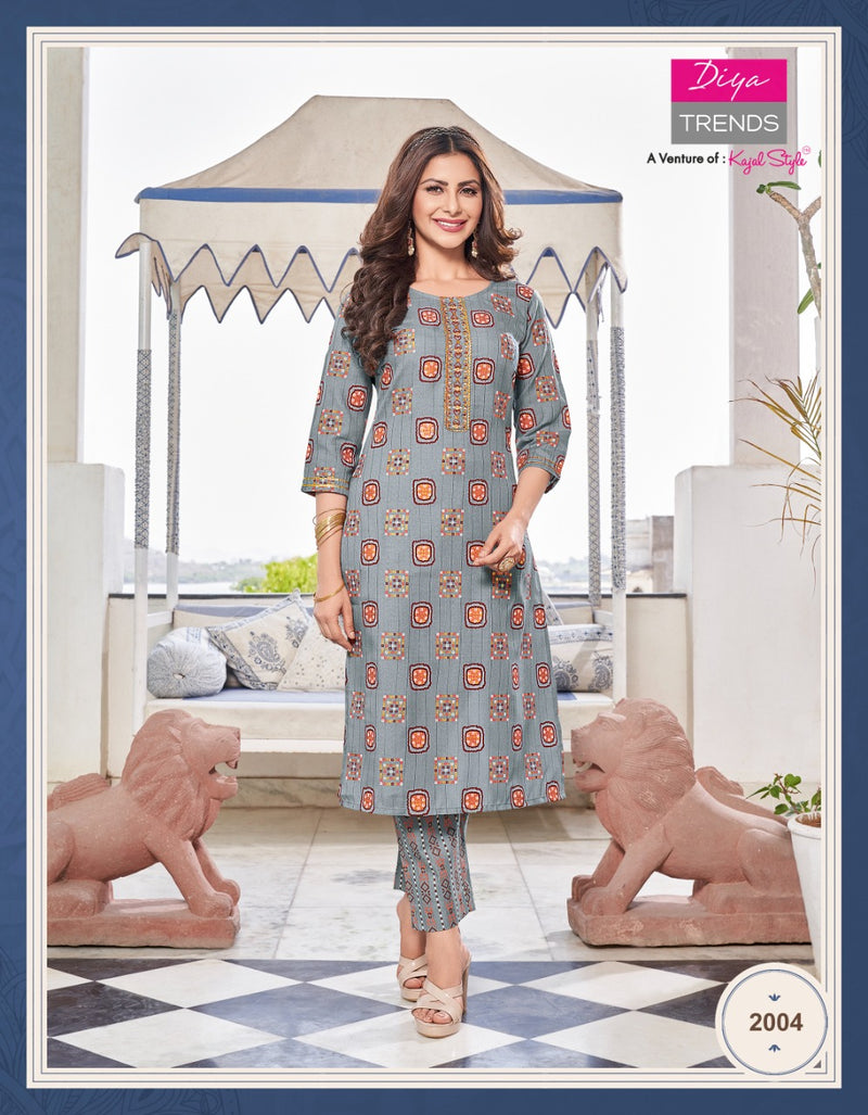 Diya Trends Celebration Vol 2 Rayon Festive Wear Kurtis & Pants With Gold Print