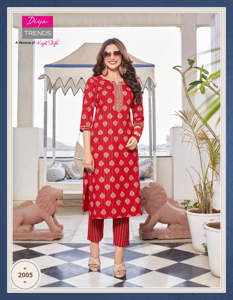 Diya Trends Celebration Vol 2 Rayon Festive Wear Kurtis & Pants With Gold Print