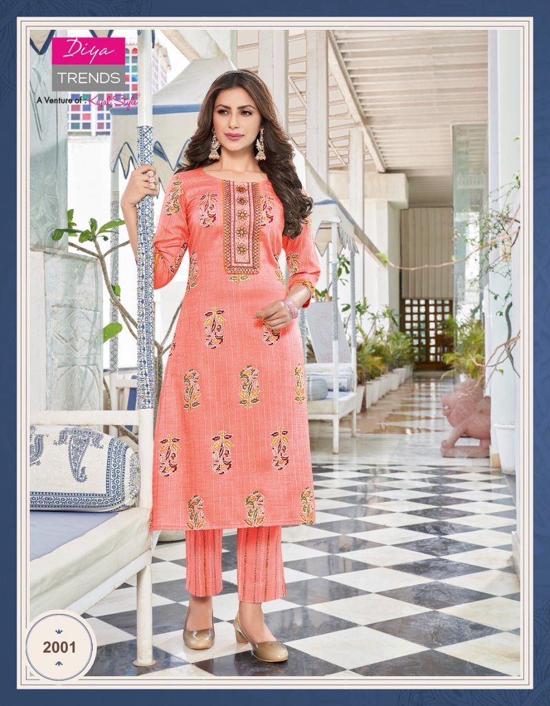 Diya Trends Celebration Vol 2 Rayon Festive Wear Kurtis & Pants With Gold Print