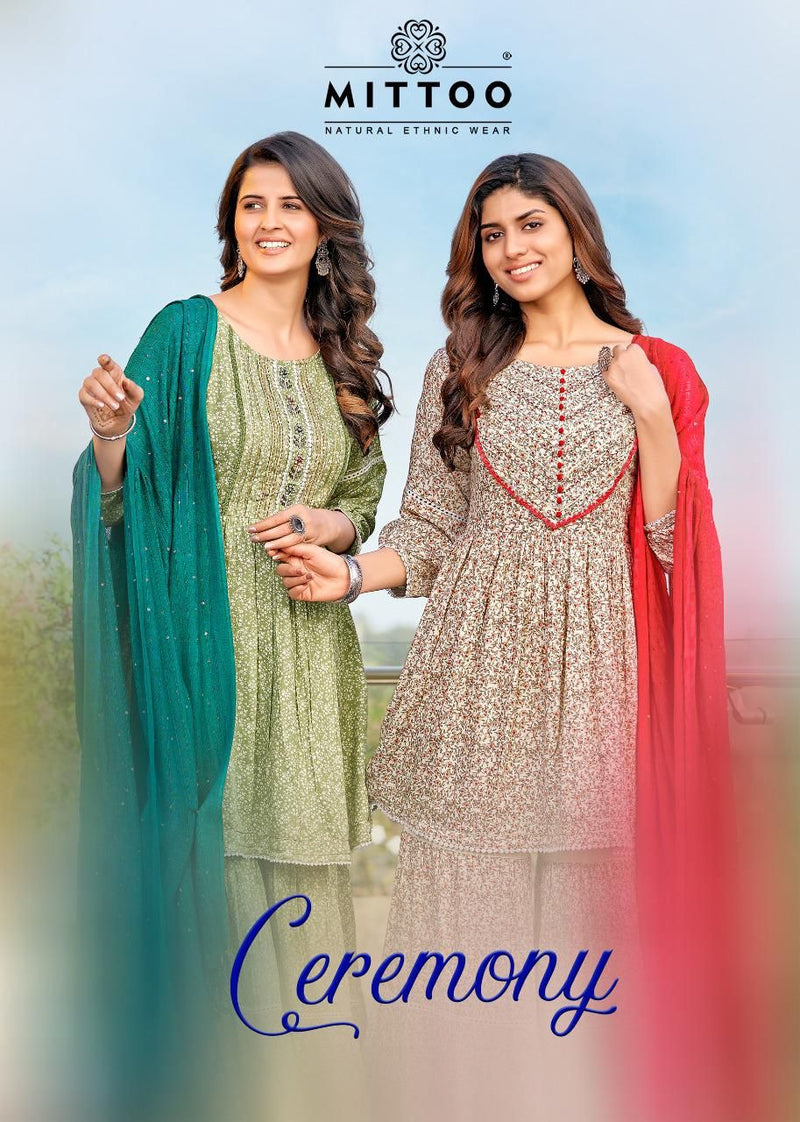 Mittoo Ceremony Rayon Fancy Printed Festiver Wear Kurtis With Sharara Bottom & Dupatta