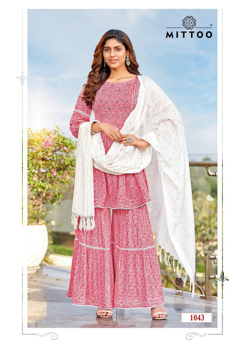 Mittoo Ceremony Rayon Fancy Printed Festiver Wear Kurtis With Sharara Bottom & Dupatta