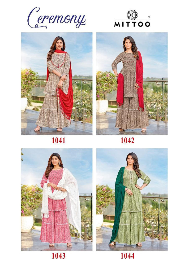 Mittoo Ceremony Rayon Fancy Printed Festiver Wear Kurtis With Sharara Bottom & Dupatta
