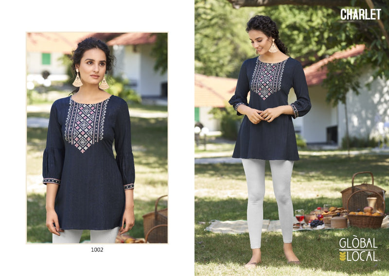Global Local Charlet Rayon Top Style Fancy Stylish Party Wear Kurtis