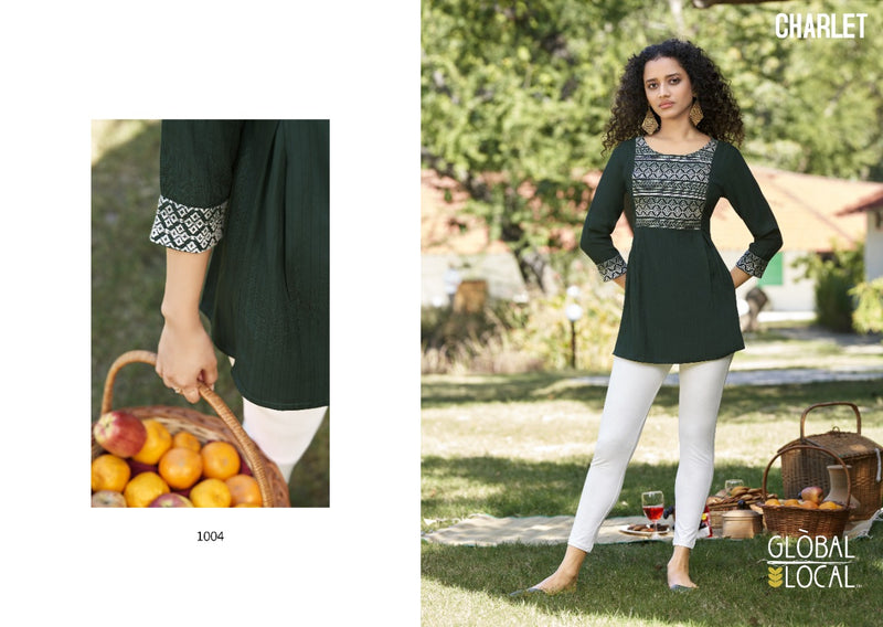 Global Local Charlet Rayon Top Style Fancy Stylish Party Wear Kurtis