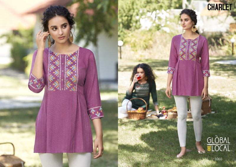 Global Local Charlet Rayon Top Style Fancy Stylish Party Wear Kurtis