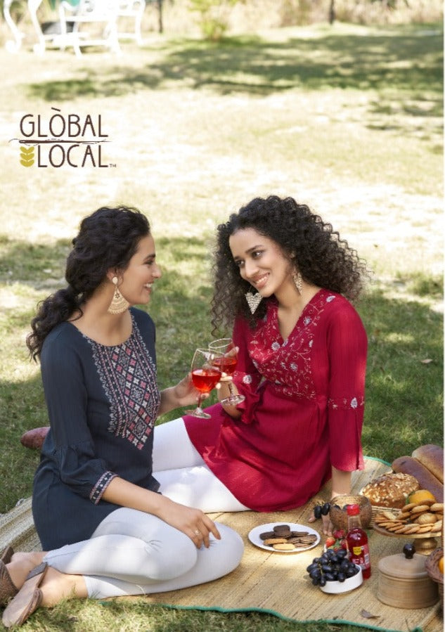 Global Local Charlet Rayon Top Style Fancy Stylish Party Wear Kurtis