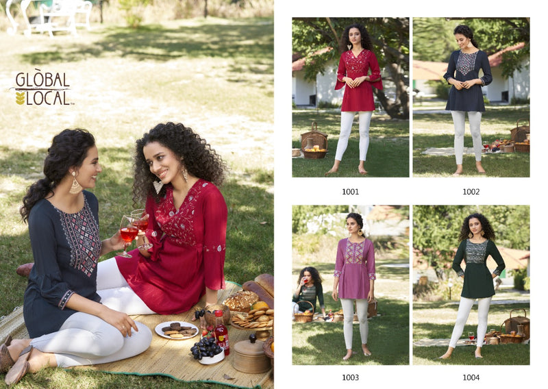 Global Local Charlet Rayon Top Style Fancy Stylish Party Wear Kurtis