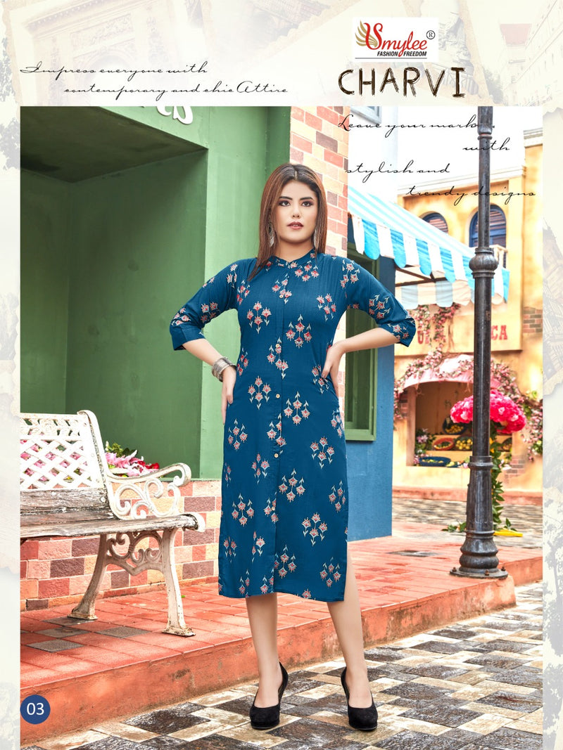 Smylee Fashion Charvi Rayon Slub Exclusive Collections Of Party Wear Kurtis