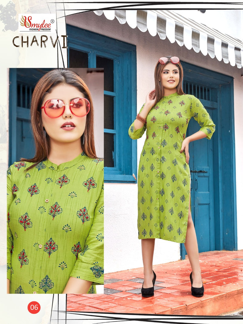 Smylee Fashion Charvi Rayon Slub Exclusive Collections Of Party Wear Kurtis