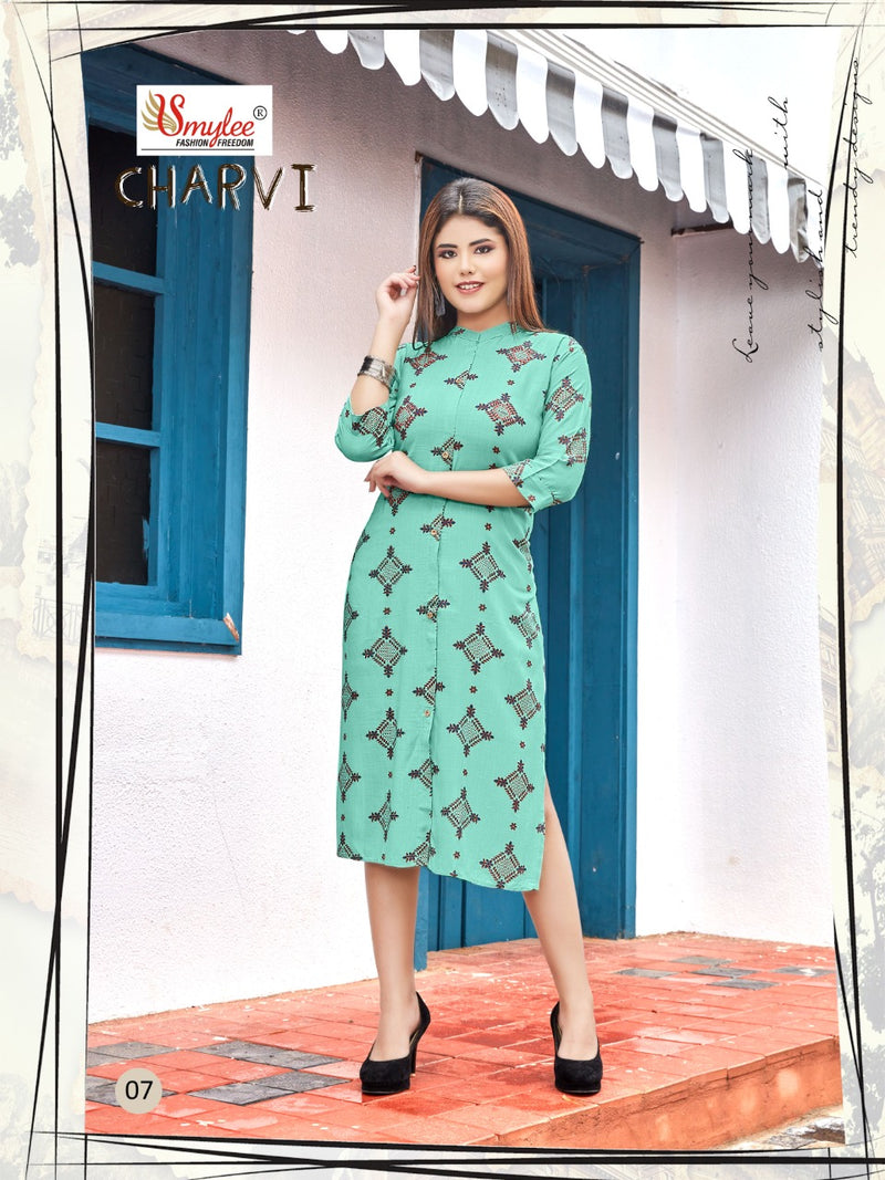 Smylee Fashion Charvi Rayon Slub Exclusive Collections Of Party Wear Kurtis