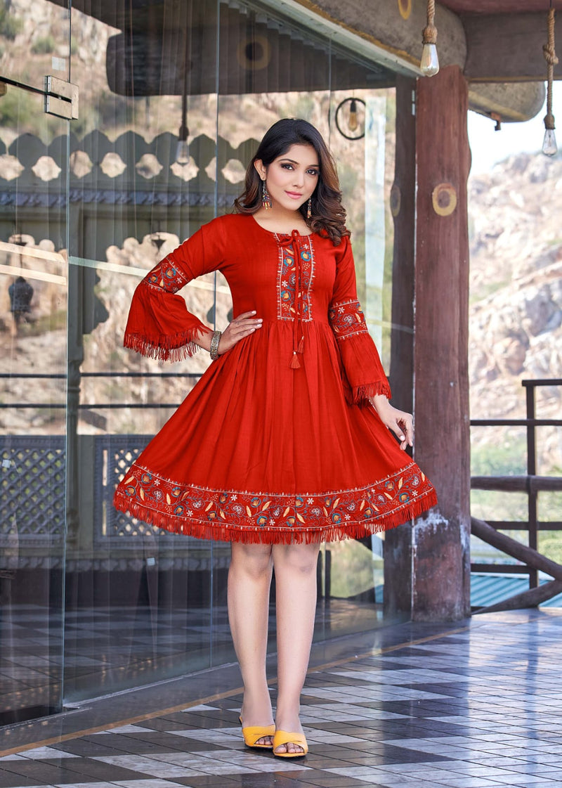 Ossm Cherry Rayon With Beautiful Work Stylish Designer Attractive Look Fancy Short Kurti