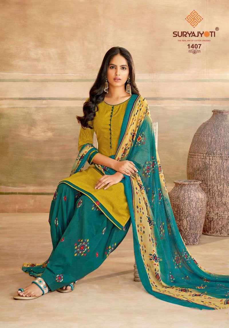 Surya Jyoti Chiffon Patiala Vol 14 Pure Cottton With Printed Work Stylish Designer Casual Wear Salwar Suit