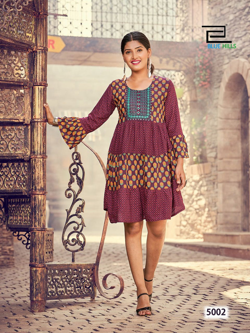 Blue Hills City Girl Vol 5 Rayon Tunic Style With Embroidery Work Stylish Designer Short Kurti