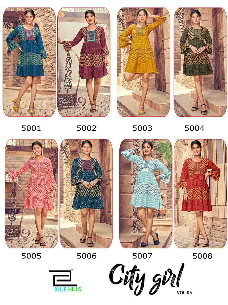 Blue Hills City Girl Vol 5 Rayon Tunic Style With Embroidery Work Stylish Designer Short Kurti