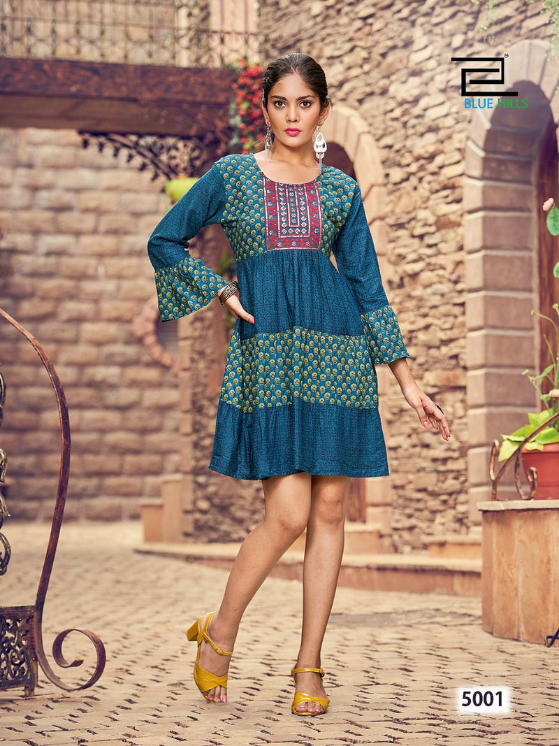 Blue Hills City Girl Vol 5 Rayon Tunic Style With Embroidery Work Stylish Designer Short Kurti
