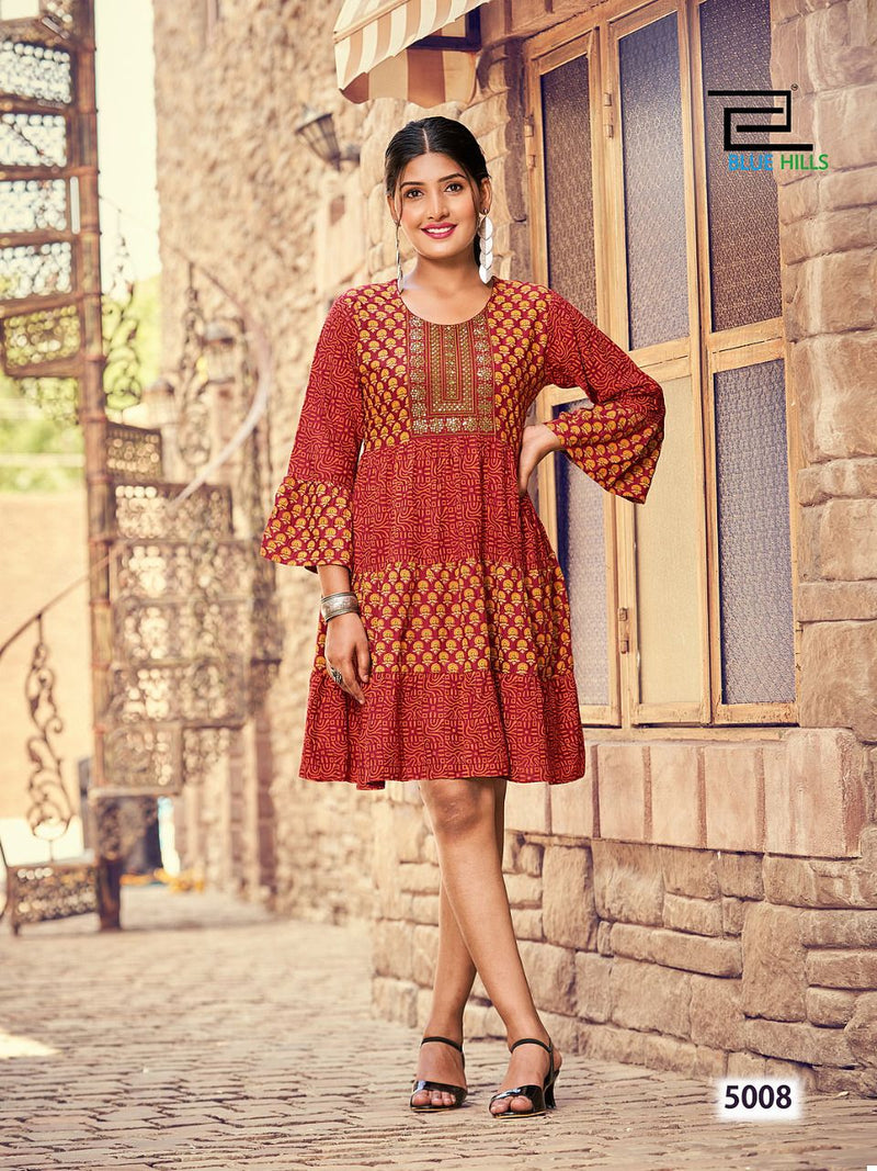 Blue Hills City Girl Vol 5 Rayon Tunic Style With Embroidery Work Stylish Designer Short Kurti