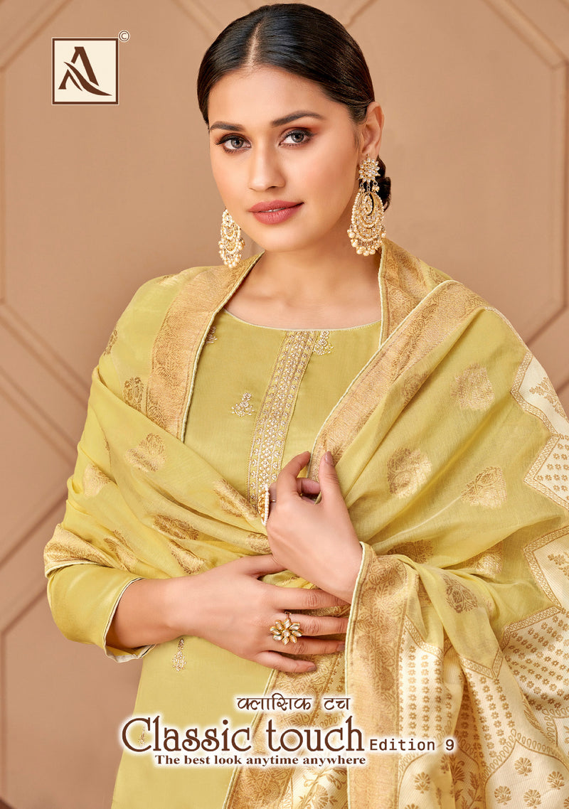 Alok Suits Classic Touch Edition Vol 9 Pure Jam Cotton Dyed Lucknowi Thred Work Swarovski Diamond Work Fancy Designer Salwar Kameez