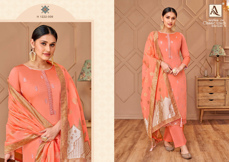 Alok Suits Classic Touch Edition Vol 9 Pure Jam Cotton Dyed Lucknowi Thred Work Swarovski Diamond Work Fancy Designer Salwar Kameez