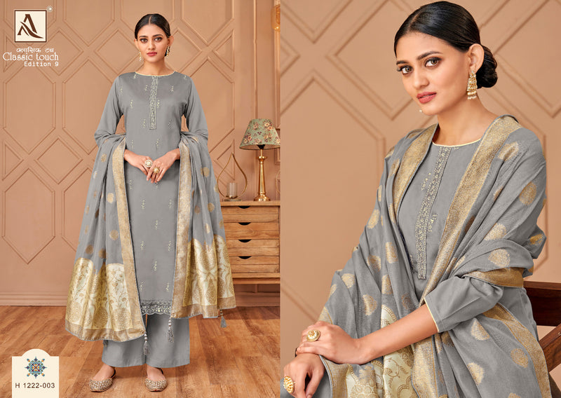 Alok Suits Classic Touch Edition Vol 9 Pure Jam Cotton Dyed Lucknowi Thred Work Swarovski Diamond Work Fancy Designer Salwar Kameez