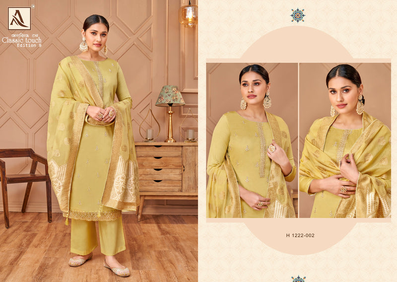 Alok Suits Classic Touch Edition Vol 9 Pure Jam Cotton Dyed Lucknowi Thred Work Swarovski Diamond Work Fancy Designer Salwar Kameez