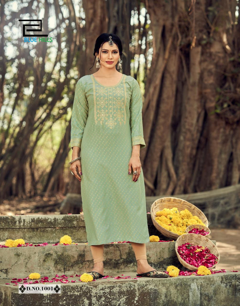 Blue Hills Classic Vol 1 Rayon Fancy Embroidered Straight Cut Festive Wear Kurtis