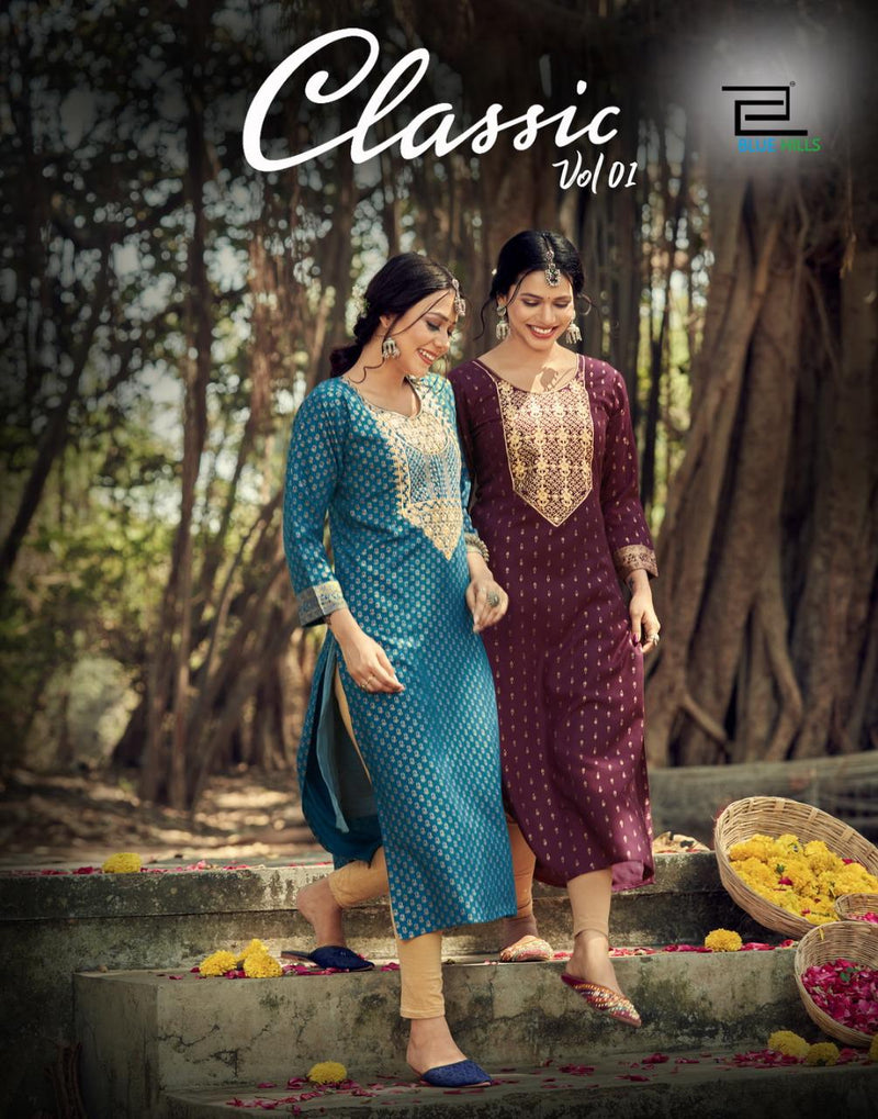 Blue Hills Classic Vol 1 Rayon Fancy Embroidered Straight Cut Festive Wear Kurtis